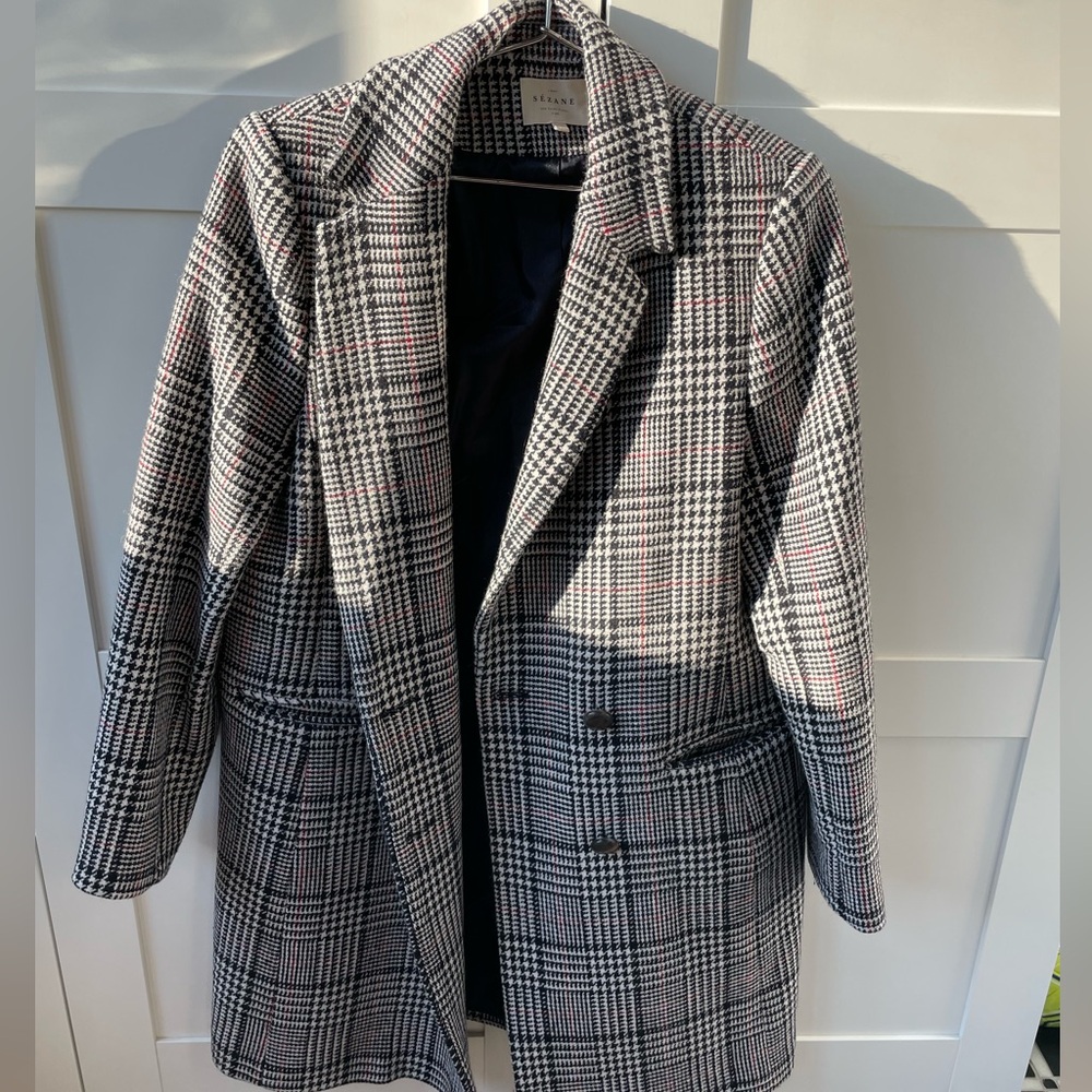 Sezane Johnson Coat Carreaux Ecru Noir - Size 42
